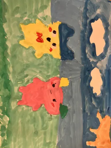 子供の水彩画)たまごっちのまめっちとフラワッチ(B4サイズ